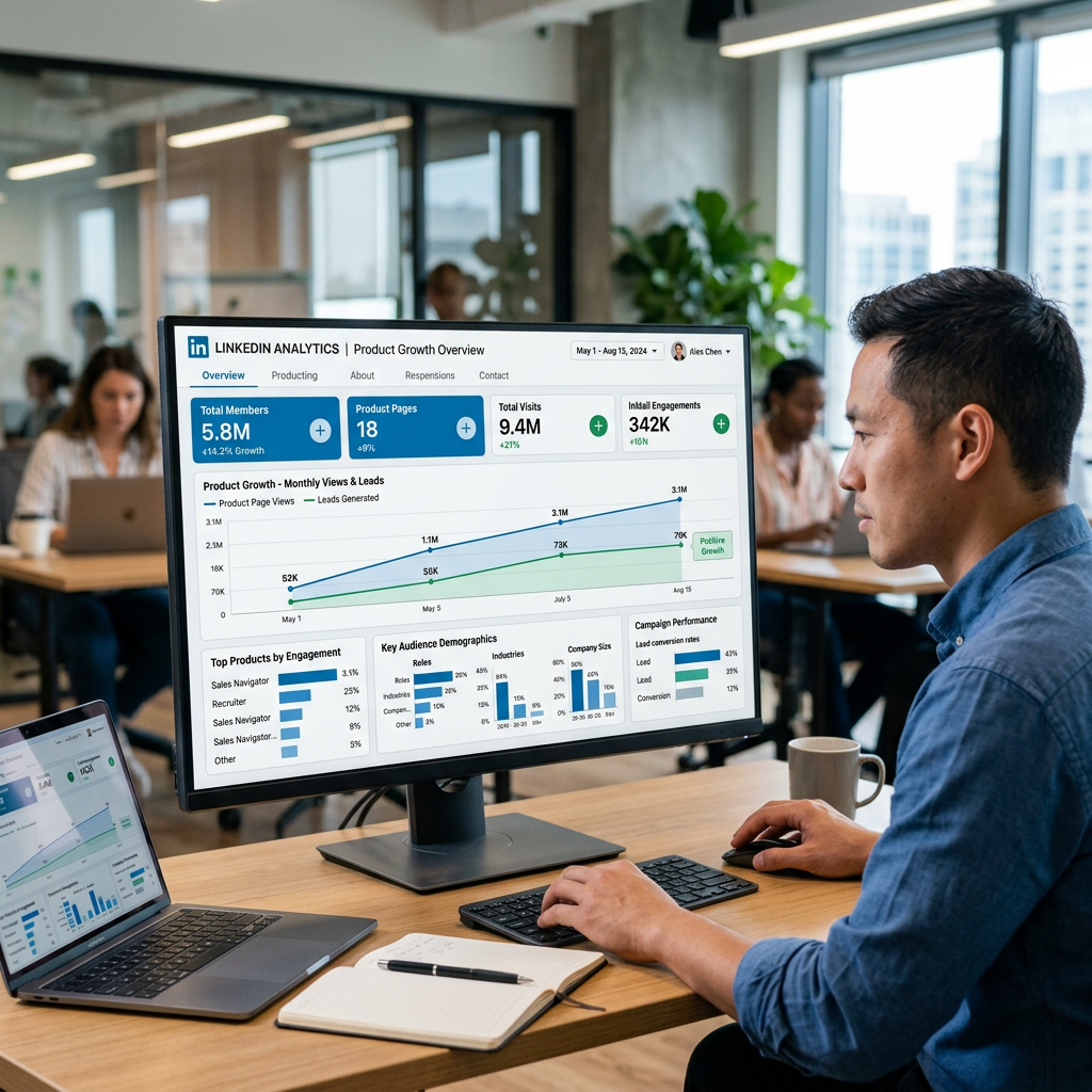 Man analyzing LinkedIn product growth and engagement analytics on computer screens in office